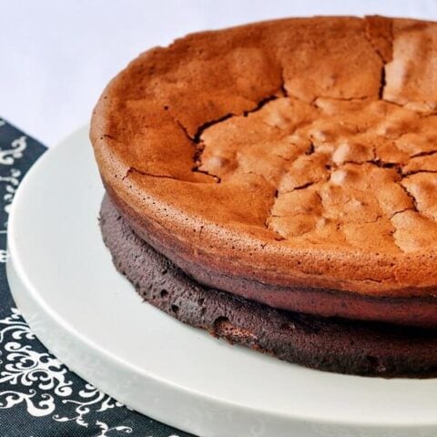 Gluten Free Chocolate Souffle Cake on a white plate.