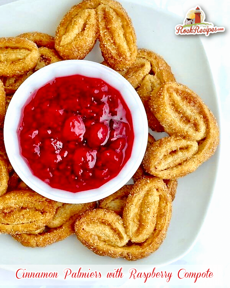 Cinnamon Palmiers with Raspberry Compote shown on a square white plate photographed from overhead with title text added for social media posts.