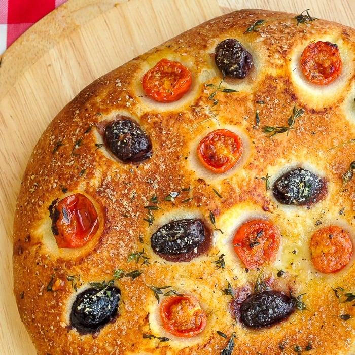 French Focaccia Bread close up photo of baked bread