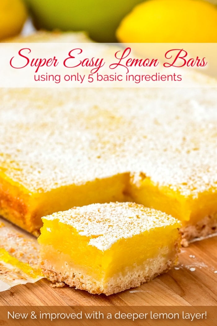 Super Easy Lemon Bars shown on a wooden cutting board with title text added for Pinterest