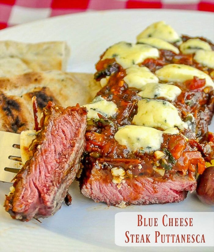 Blue Cheese Steak Puttanesca photo with title text for Pinterest