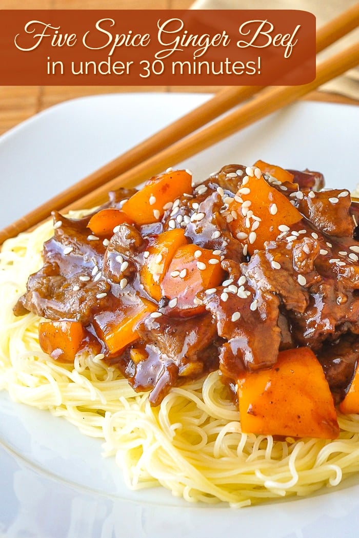 Five Spice Ginger Beef photo with title text for Pinterest