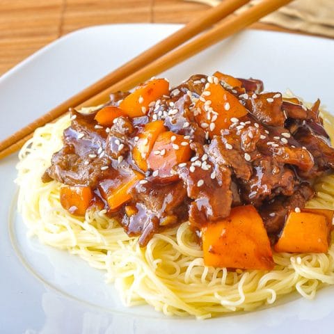 Five Spice Ginger Beef square cropped featured image of a single serving on a square white plate