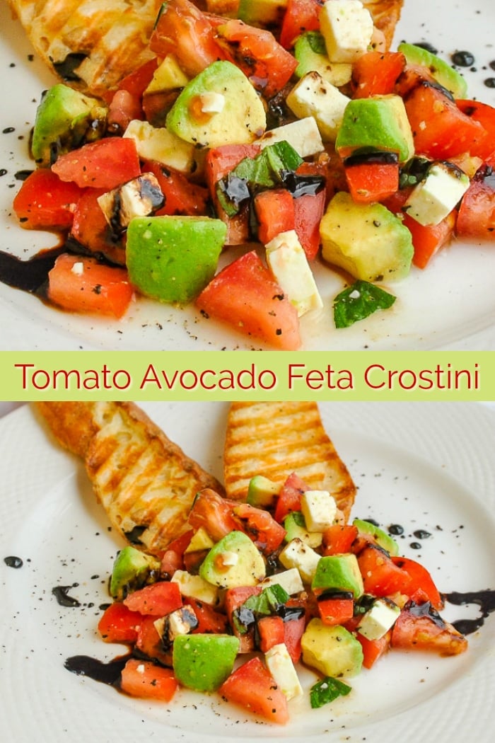 Tomato Avocado Feta Crostini photo with title text for Pinterest