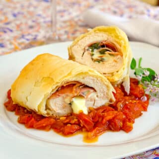 Phyllo Chicken Prosciutto Margherita photo of a single serving on a white plate