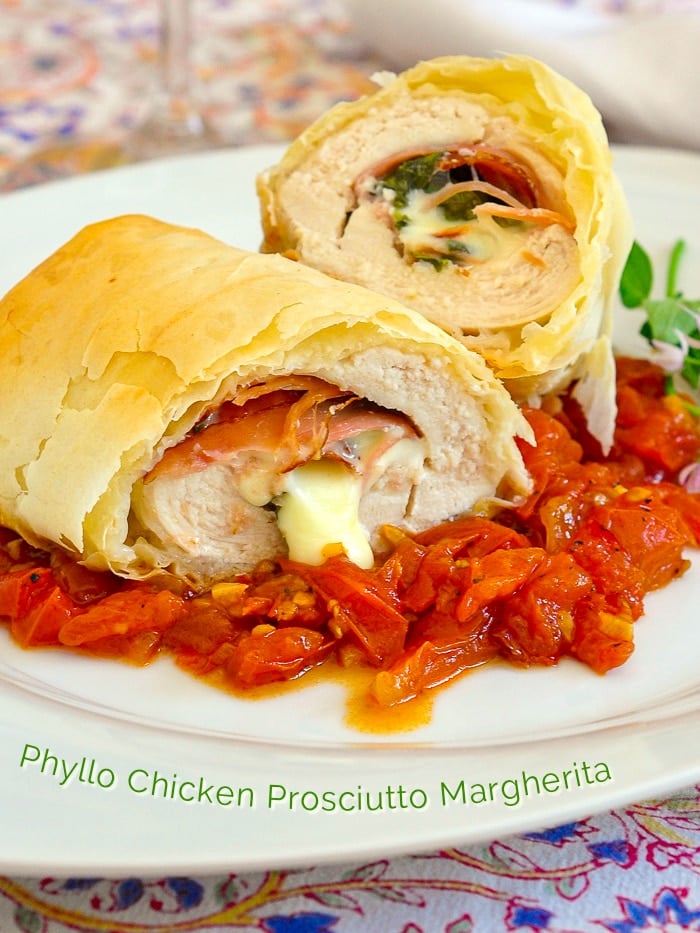 Phyllo Chicken Prosciutto Margherita photo with title text for Pinterest