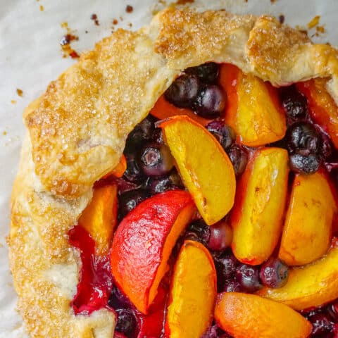 Blueberry Peach Summer Fruit Galette close up photo of filling and pastry