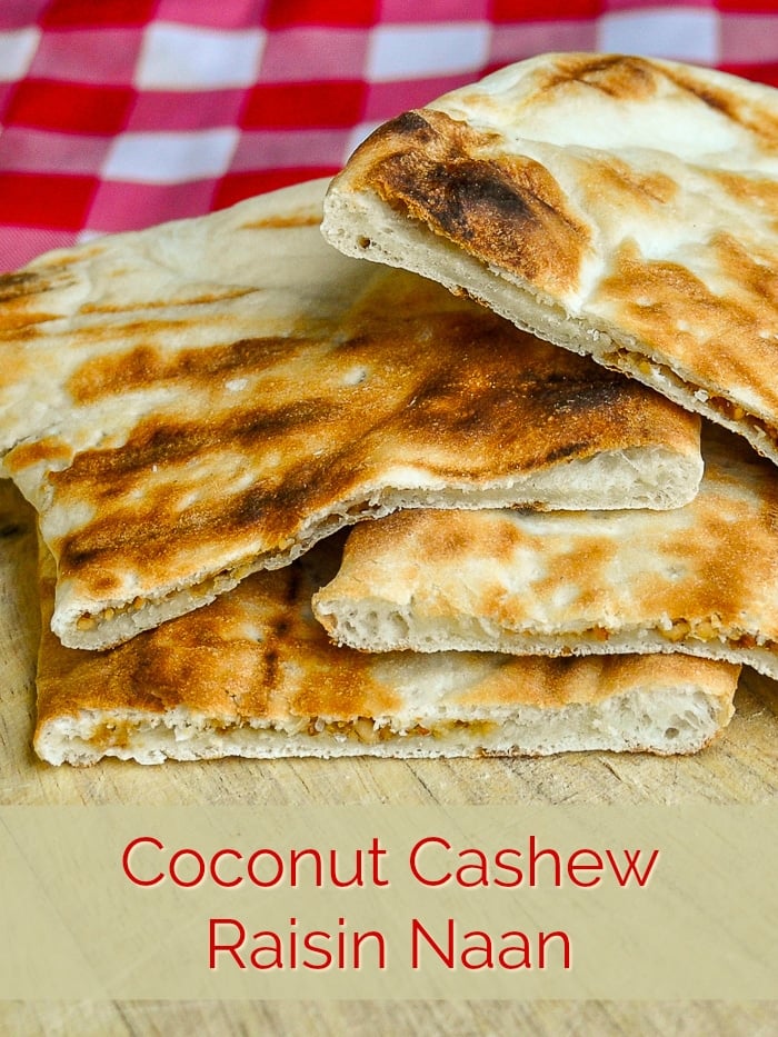 Coconut Cashew Raisin Naan photo with title text for Pinterest