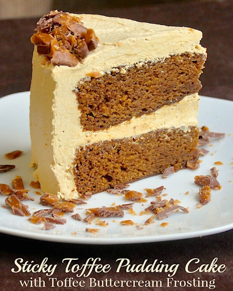 Sticky Toffee Pudding Cake photo if one slice with title text added for social media.