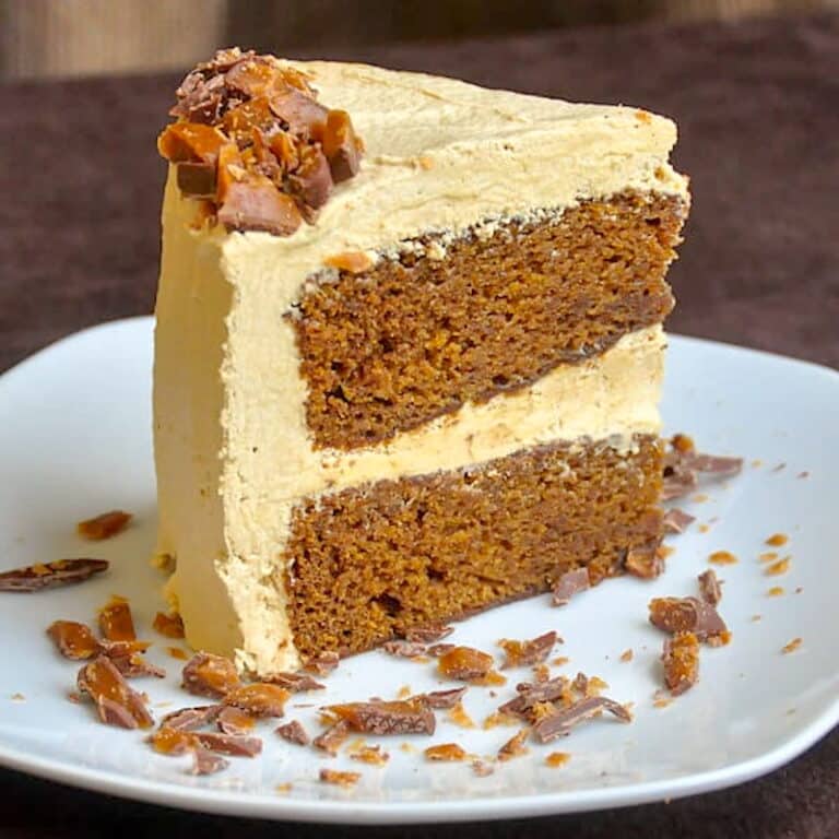 Sticky Toffee Pudding Cake photo of a single slice on a white plate