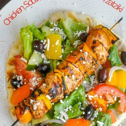 Chicken Souvlaki with Lemon Mint Tzatziki image with curved title text for Pinterest