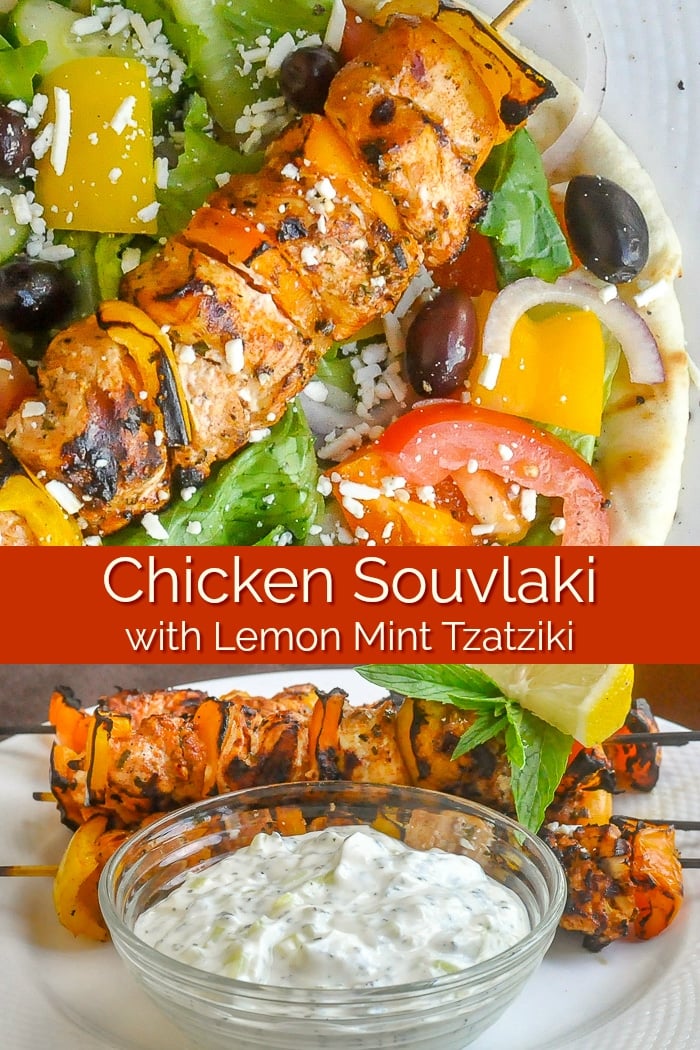 Chicken Souvlaki with Lemon Mint Tzatziki image with title text for Pinterest