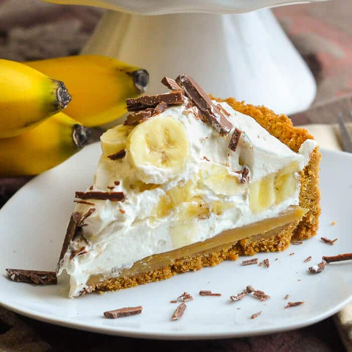 Banoffee Pie - caramel toffee, bananas, and whipped cream all in a graham cracker crumb crust!