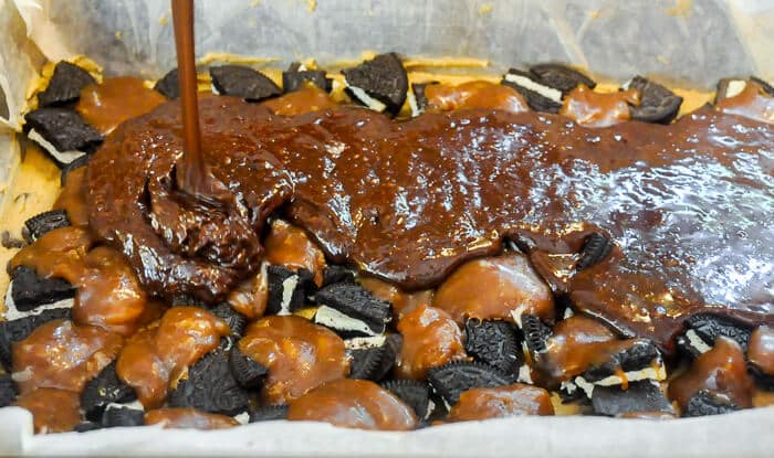 Oreo Caramel Brownie Bombs ready for the oven.