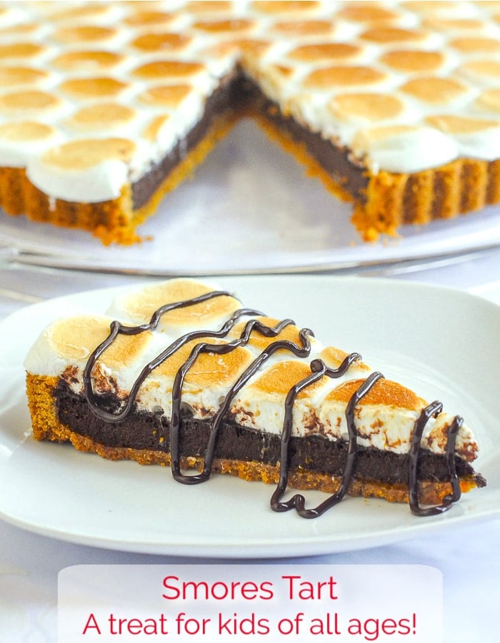 Smores Tart photo of a single slice on a white plate with title text added for Pinterest
