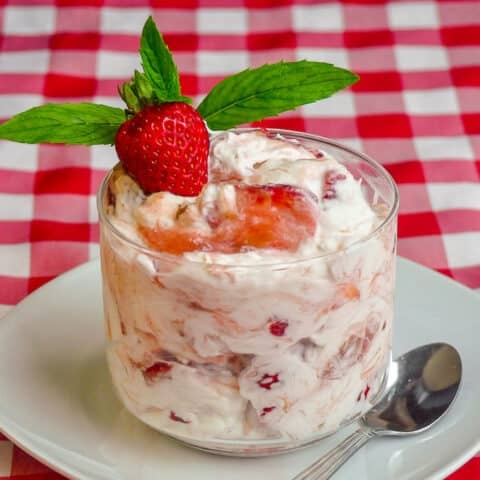 Strawberry Rhubarb Fool photo of single serving in clear glass serving dish