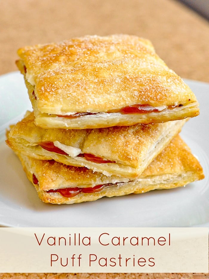 Vanilla Caramel Puff Pastries photo with title text for Pinterest