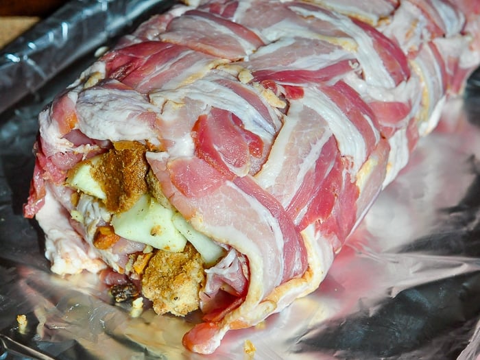 Apple Almond Stuffed Pork Loin in a Bacon Blanket ready for the oven