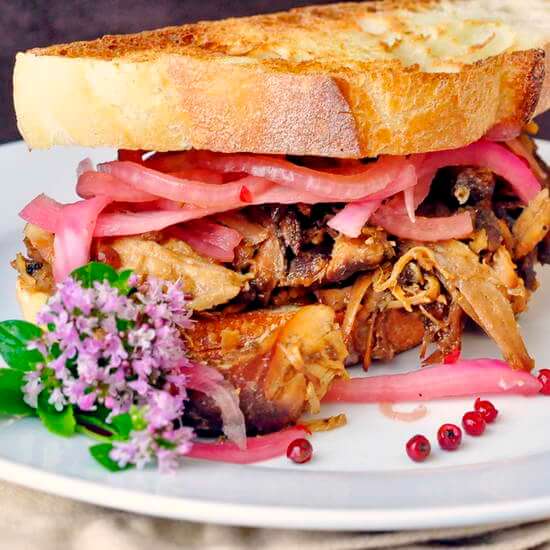 Apple Braised Pulled Chicken Sandwiches with Pink Peppercorn Pickled