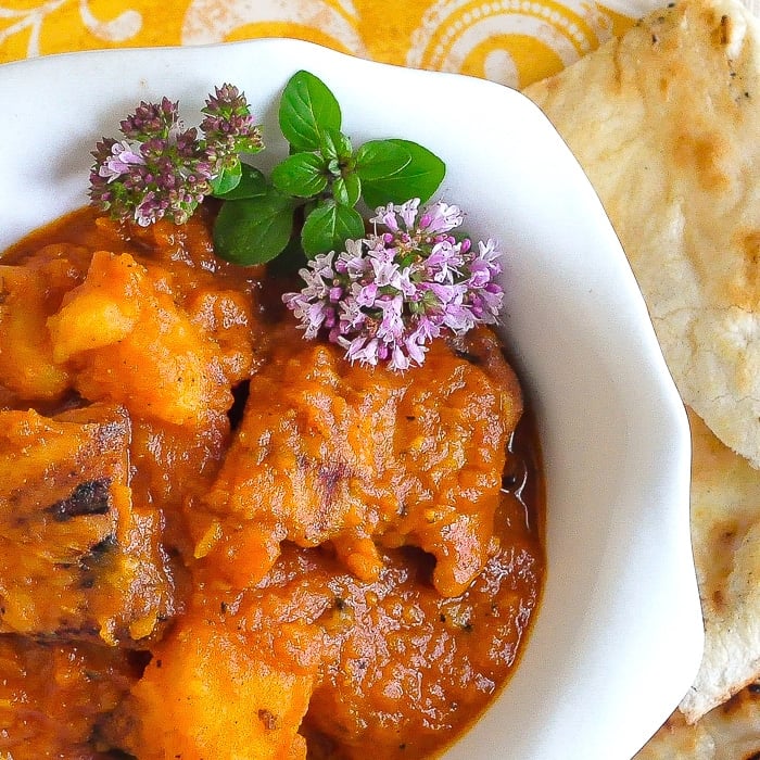 Easy Tomato Potato Chicken Curry close up photo of a single serving