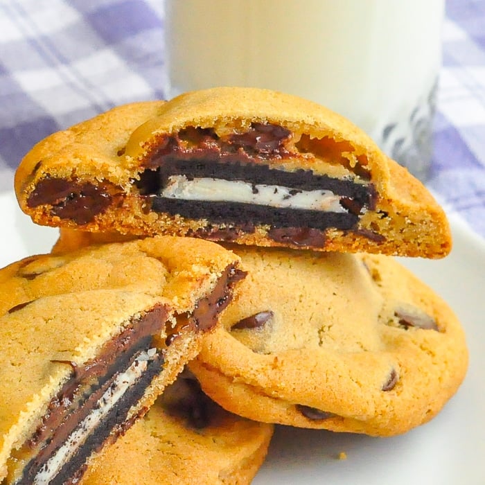 Oreo Stuffed Chocolate Chip Cookies close up photo on a white plate