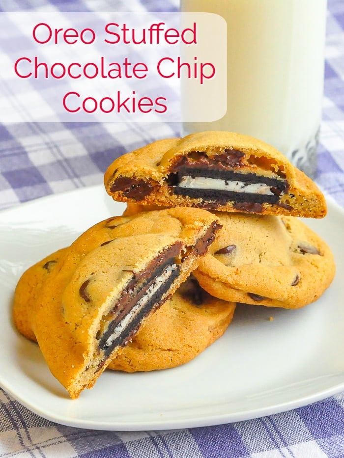 Oreo Stuffed Chocolate Chip Cookies photo with title text for Pinterest
