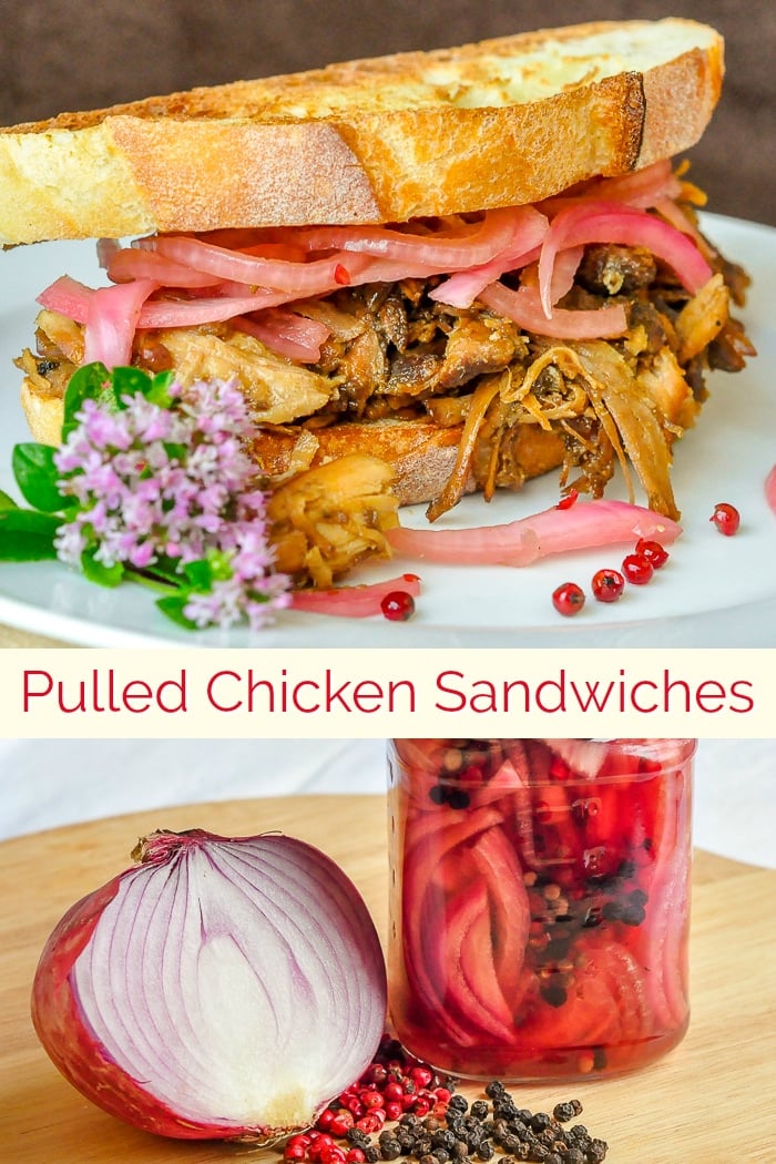 Pulled Chicken Sandwiches with picked red onion image collage with title text for Pinterest