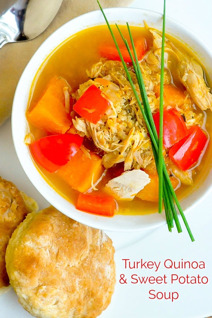 Turkey Quinoa Sweet Potato Soup photo with title text for Pinterest