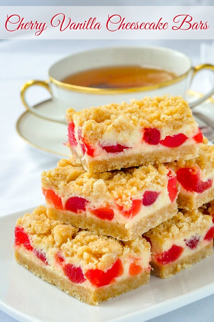 Cherry Vanilla Cheesecake Bars image with title text for Pinterest