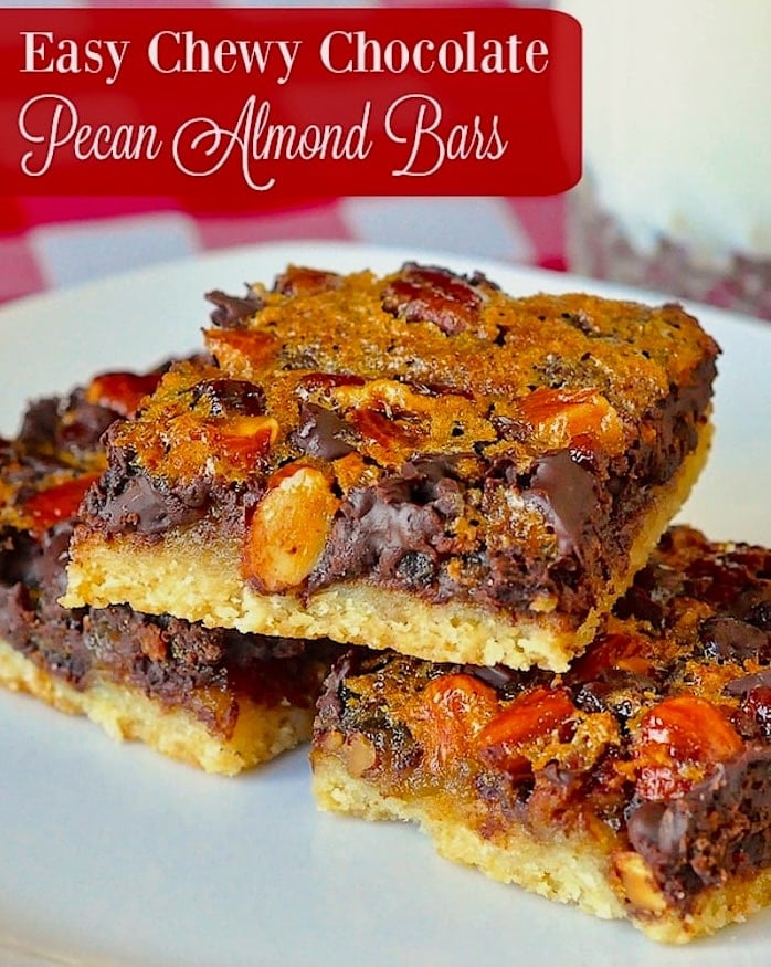 Chewy Chocolate Pecan Almond Bars photo with title text for social media