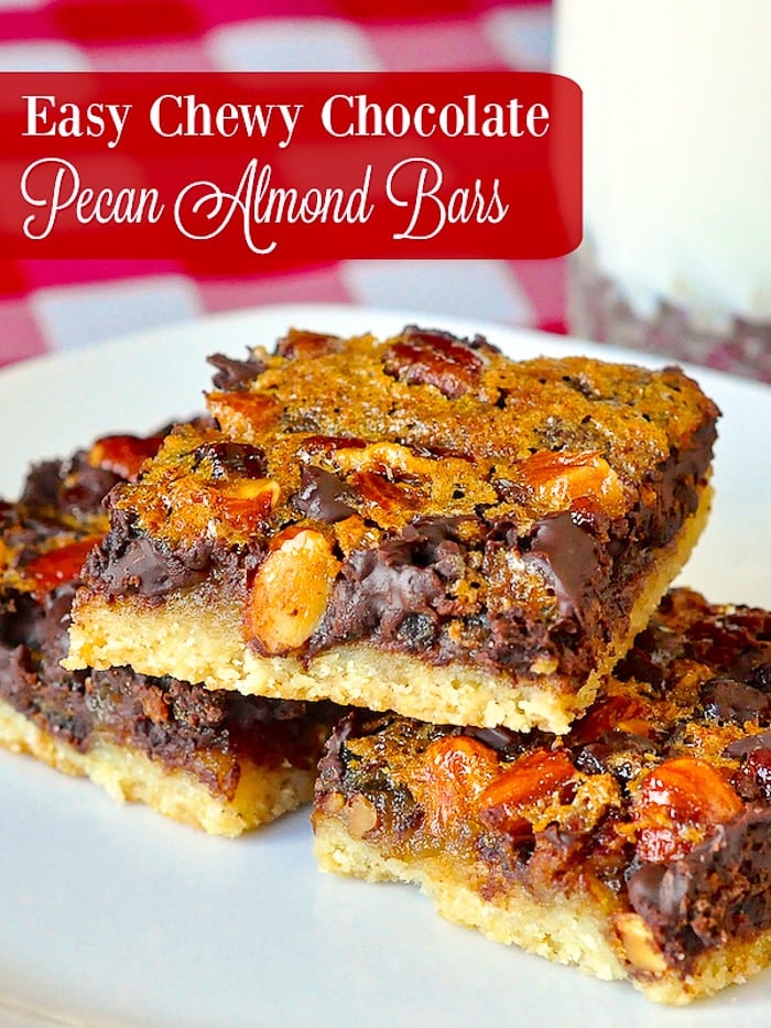 Chewy Chocolate Pecan Almond Bars photo with title text for Pinterest