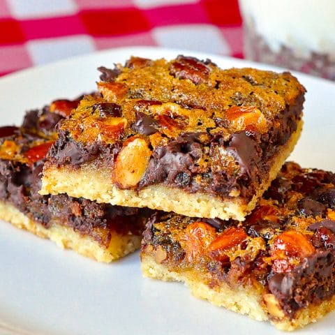 Chewy Chocolate Pecan Almond Bars close up square cropped featured image