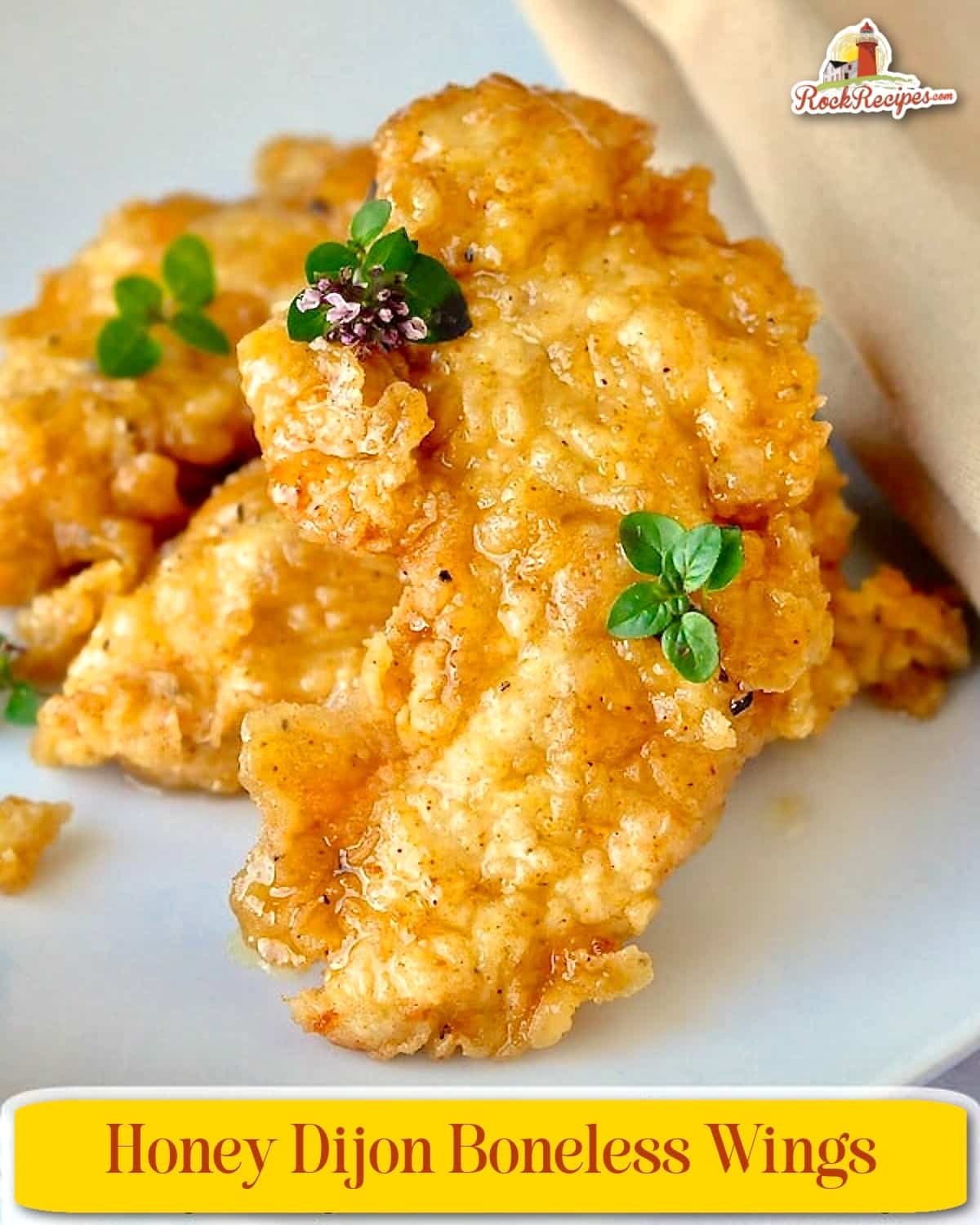 Honey Dijon Boneless Wings. Photo with title text added for Pinterest and social media posts.