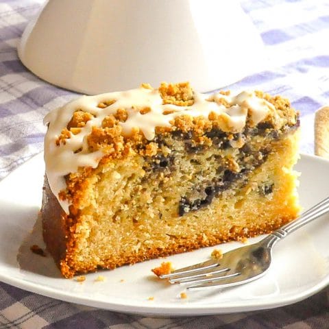 Blueberry Swirl Coffee Cake photo pd a single slice on a white plate