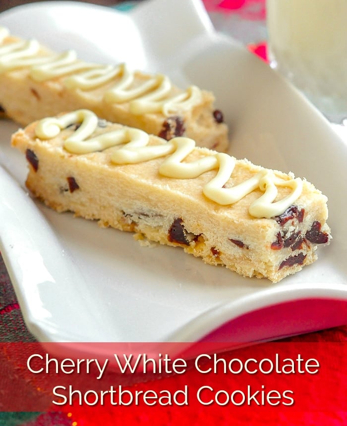 Cherry White Chocolate Shortbread Cookies image with title text for Pinterest