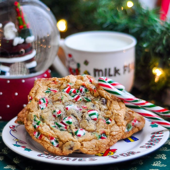 Chocolate Chip Candy Cane Cookies, close up.