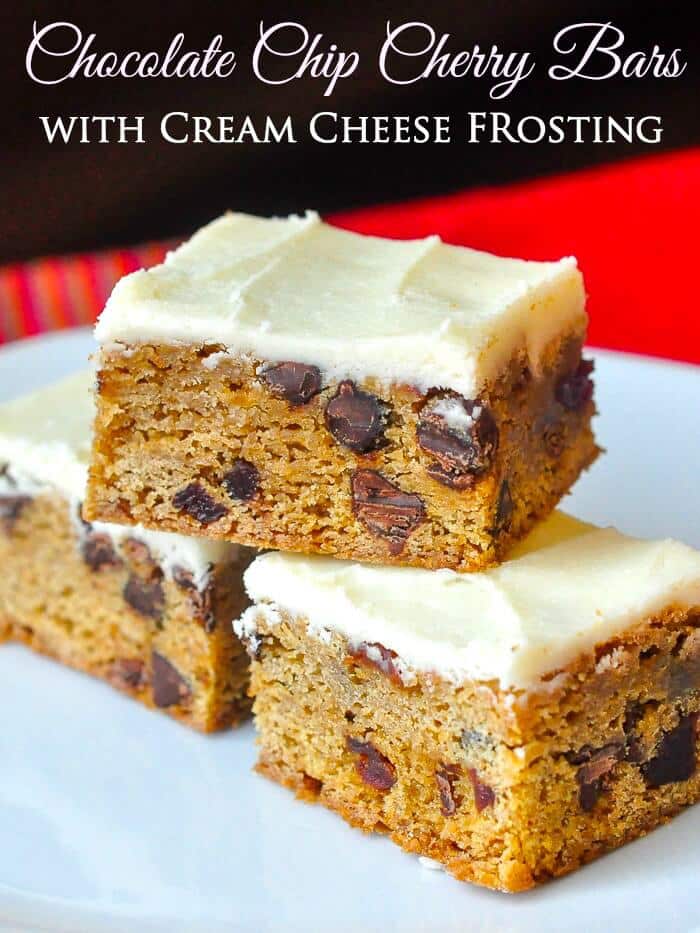 Chocolate Chip Cherry Bars with Cream Cheese Frosting image with title text for Pinterest