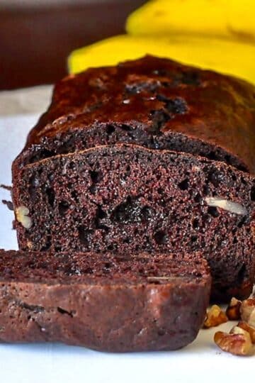 Double Chocolate Pecan Banana Bread photo of sliced loaf for Google featured image.