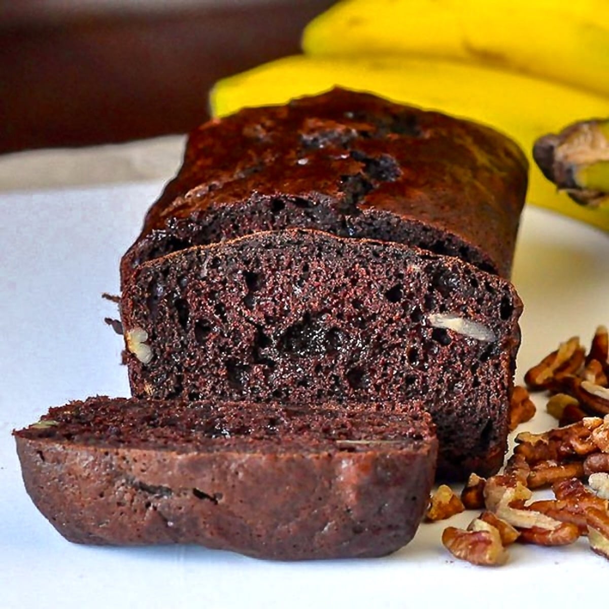 Double Chocolate Pecan Banana Bread photo of sliced loaf for Google featured image.
