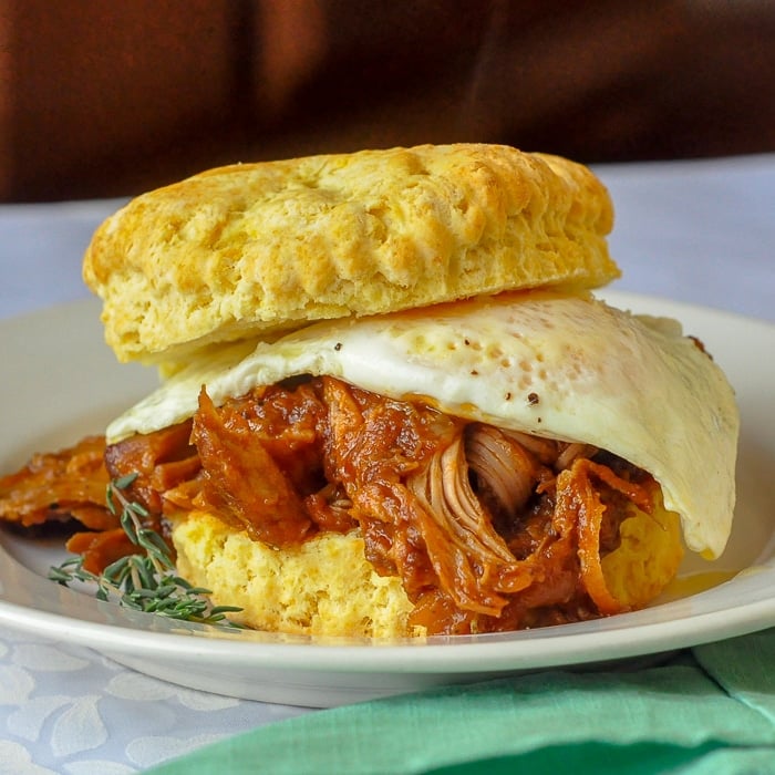 Corn Flour Biscuits as pulled pork breakfast sandwiches