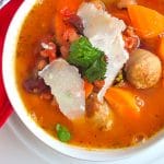 Low Fat Turkey Italian Sausage Mixed Bean Soup close up photo of soup in a white bowl
