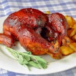 Maple Chipotle Barbecue Sauce shown on a whole barbecued chicken