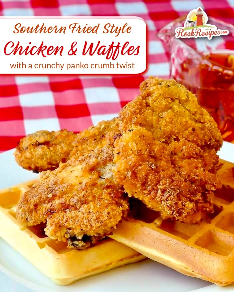 Super Crispy Chicken and Waffles photo with title text added for social media posts.