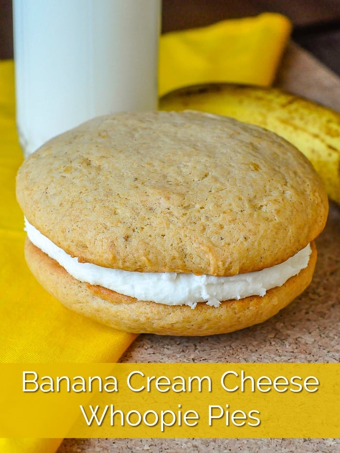 Banana Cream Cheese Whoopie Pies image with title text added for Pinterest