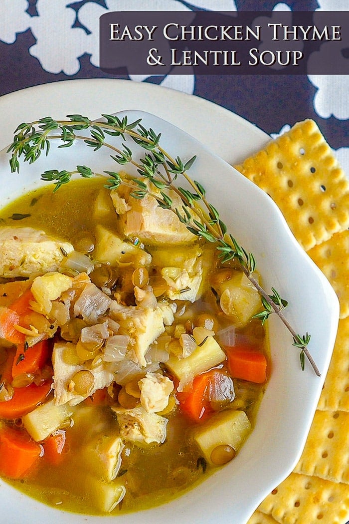 Chicken Thyme and Lentil Soup image with title text for Pinterest