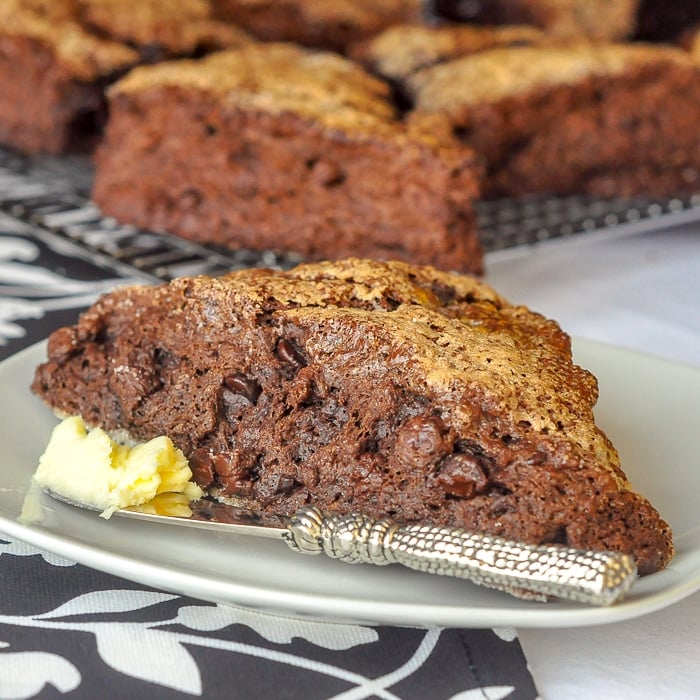 Chocolate Chocolate Chip Scones close up of single scone on a white plate