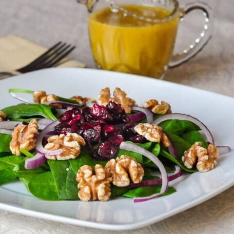 Dijon Maple Dressing on Cranberry Walnut Spinach Salad