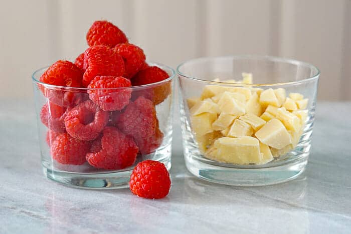 Raspberries and chopped white chocolate for Raspberry White Chocolate Scones