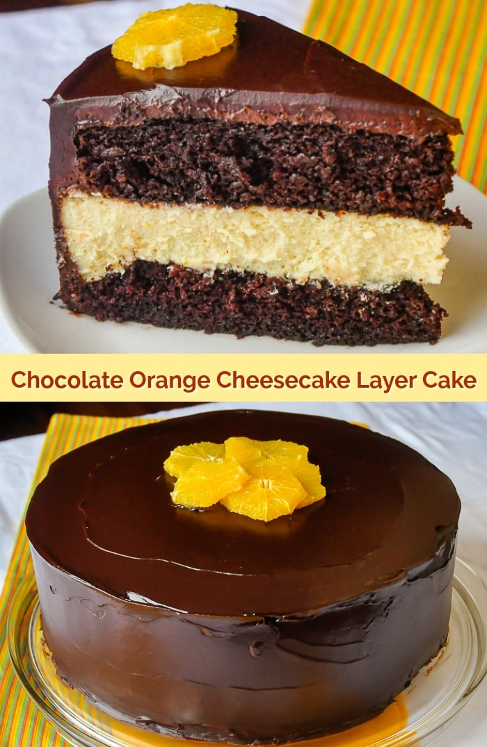 Chocolate Orange Cheesecake Layer Cake photo collage with title text for Pinterest