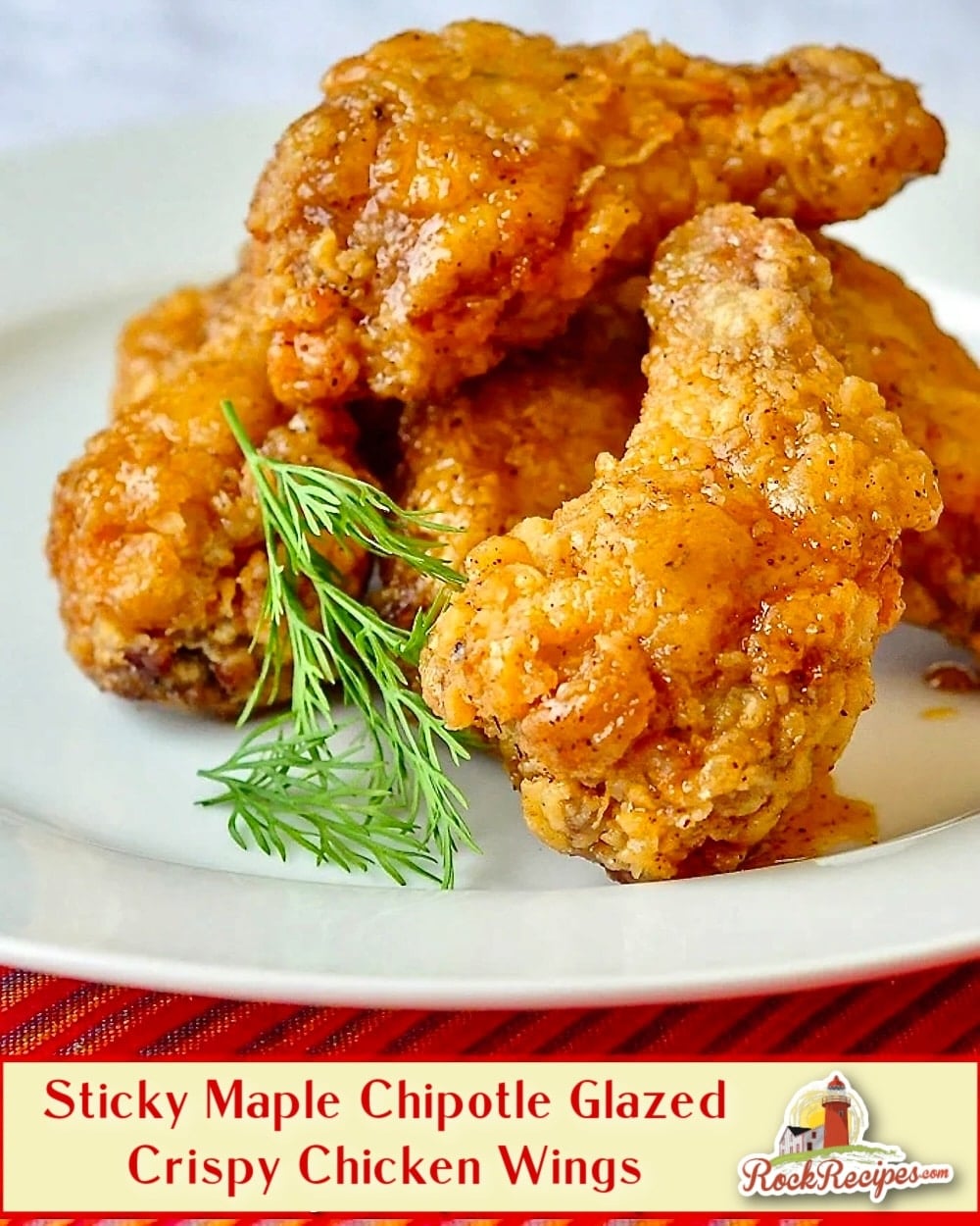 Crispy Chicken Wings with Sticky Maple Chipotle Glaze photo with title text for social media posts.